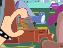 a cartoon drawing of a man in a car with the letter c in the background