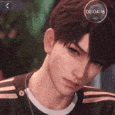a close up of a man 's face with a clock that says 00 : 04 : 16 on it