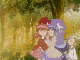 three anime girls are standing in a forest and one has a flower on her hat