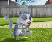a cartoon cat is holding a remote control while standing on a lush green field ..