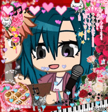 a picture of a girl with blue hair holding a microphone in front of a keyboard