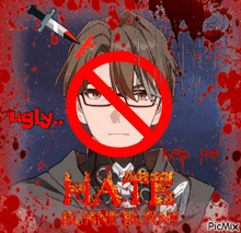 a drawing of a man with glasses and a red circle around his face that says " ugly " and " hate burn burn "