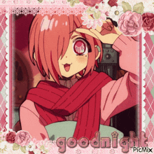 a picture of a girl with a scarf around her neck and the words goodnight on the bottom