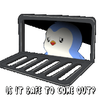 a penguin is looking out of a laptop screen with the words is it safe to come out written below it