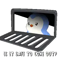 a penguin is looking out of a laptop screen with the words is it safe to come out written below it