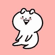 a cartoon character is sitting on a pink background and has a big smile on his face .