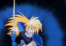 a cartoon character is holding a sword in his right hand