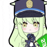 a cartoon girl in a police uniform is holding a green flag with the number 2 on it