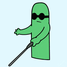 a green cartoon character wearing sunglasses holds a cane