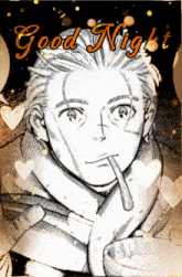 a drawing of a man with a scarf around his neck and the words " good night " on the bottom