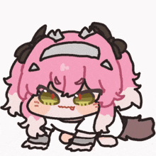 a cartoon character with pink hair and brown eyes