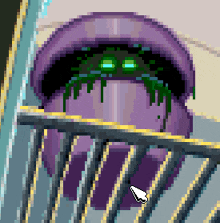 a pixel art of a purple object with green eyes behind a fence