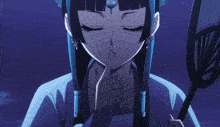 a girl with blue hair and a heart on her forehead looks at herself in a mirror
