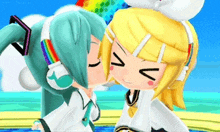 a couple of anime characters kissing with the letter v on their face
