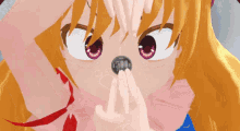 a cartoon character with blue hair and red eyes is looking at another character