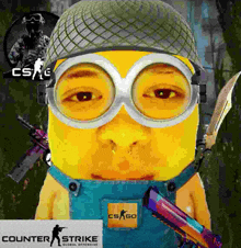 a picture of a minion wearing a helmet and goggles with a counter strike logo behind him