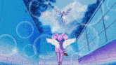 a cartoon drawing of a girl with wings and a pegasus