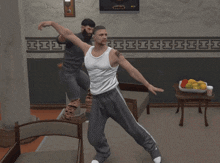 a man in a white tank top is dancing in a room with a greek key pattern on the wall