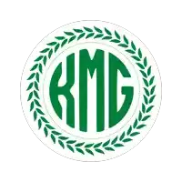 a green kmg logo with laurel wreath around it