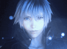 a cartoon character with blue hair and blue eyes