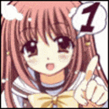 a girl with pink hair is pointing up with a speech bubble with the number one .
