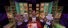 a group of minecraft characters are standing in front of a display of items .