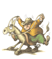 a man in a cowboy hat is riding a donkey
