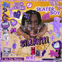 a picture of a skater boy surrounded by purple and pink items