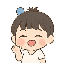 a cartoon illustration of a boy with a heart shaped mouth and a blue ball in his hair .