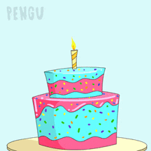 a birthday card with a penguin on top of a cake