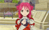a girl with pink hair is standing in front of a building in a video game .