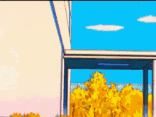 a cartoon drawing of a house with a blue sky and yellow trees