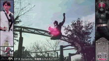 a man in a white suit is jumping over a roller coaster with the words ep 8 dynamite on the bottom right