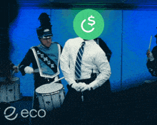a man in a suit is playing drums with a green circle with a dollar sign on it