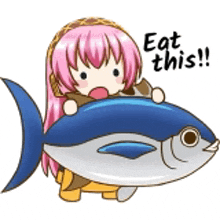 a girl with pink hair is holding a large fish and says eat this !!