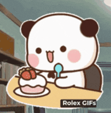 a cartoon panda bear is eating a cake with a spoon .