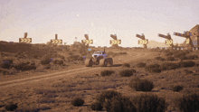 a monster truck driving down a dirt road with arrows pointing in opposite directions