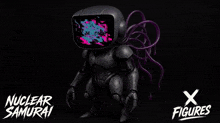 a nuclear samurai figure with purple tentacles is on a black background