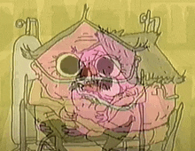 a cartoon of a man in a wheelchair with a skull on his head and a house in the background .