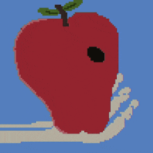 a pixel art drawing of a red apple with a black hole in the middle