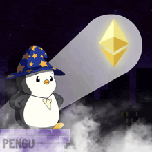 a penguin wearing a wizard 's hat is standing in front of a glowing pyramid