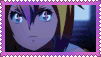 a close up of a girl 's face with blue eyes and a purple frame .