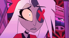 a cartoon character with a cross on her eye