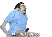 a man in a blue shirt is sitting on a large eggplant with the words me right now below him
