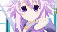 a purple haired anime girl with purple eyes is smiling