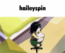 a girl sitting on a chair with the words haileyspin above her