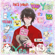a picture of a boy with a sticker that says " hell yeah " on it