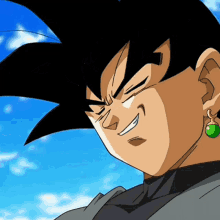 a close up of a cartoon character 's face with a blue sky in the background