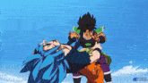 a cartoon of a man with blue hair fighting another man with black hair