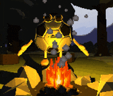 a pixel art drawing of a frog standing next to a fire